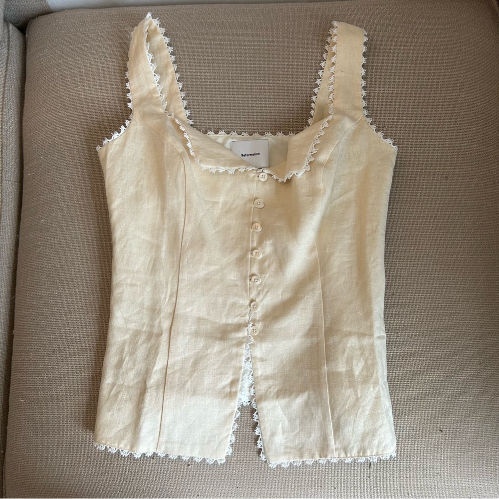 BEST Reformation Viola Linen Top Sugar Cream Light Beige Spring French Causal - Picture 6 of 14